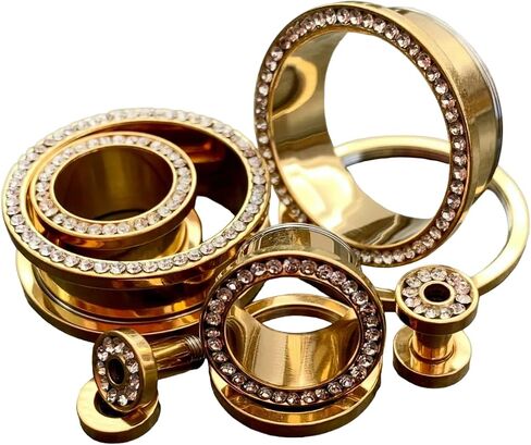 Lobal Domination Pair of CZ Gem Rimmed Gold Ion Plated Tunnels Plugs Pierced Earlets Gauges in Kuwait