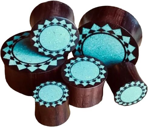 PAIR of Crushed Turquoise Tribal Sunburst Inlaid Wood Saddle Plugs - Gauges 00g - 1" in Saudi Arabia