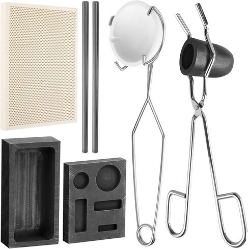 9 PCS Metal Casting Kit with Graphite Crucible, 2 Ingot Molds, 2 Stirring Rods, Quartz Board Bowl & 2 Tongs, High Purity Casting Tools for DIY Gold Silver Copper Brass Jewelry Making in Saudi Arabia