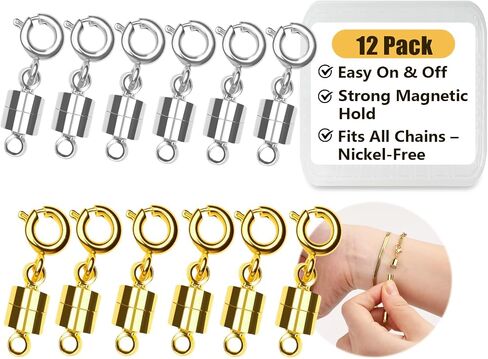 Magnetic Necklace Clasps and Closures, 12PCS Gold & Silver Magnetic Lobster Clasp Extenders for Necklaces & Bracelets, Easy Jewelry Converter for Women, Seniors, and Everyday Wear in Kuwait