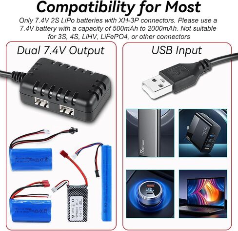 7.4V Lipo Battery Charger - RC Car Balance Chargers USB Cable 2-in-1 with XH-3P Plug 1A for 2S Batteries RC Cars Drone Boat Airplane Truck Quadcopter Airsoft SCX24 SCX10 in Saudi Arabia