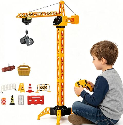 35.5-Inch 6 Channel RC Tower Crane for Kids, Remote Control Crane Toy with LED Lights, 360° Rotating Lift Construction Vehicles with Grabber, Log, Lifting Basket, Educational Learning Toys for Boys in Saudi Arabia