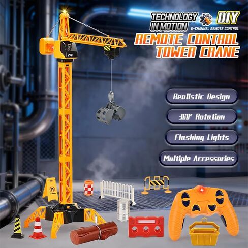 35.5-Inch 6 Channel RC Tower Crane for Kids, Remote Control Crane Toy with LED Lights, 360° Rotating Lift Construction Vehicles with Grabber, Log, Lifting Basket, Educational Learning Toys for Boys in Saudi Arabia