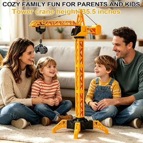 35.5-Inch 6 Channel RC Tower Crane for Kids, Remote Control Crane Toy with LED Lights, 360° Rotating Lift Construction Vehicles with Grabber, Log, Lifting Basket, Educational Learning Toys for Boys in Saudi Arabia