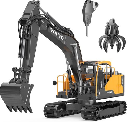DOUBLE E Volvo 1:16 Scale RC Excavator 3-in-1 Construction Toys with 360° Rotation, Metal Shovel, Drill & Grabber – Professional Grade Remote Control Engineering Vehicle in Saudi Arabia
