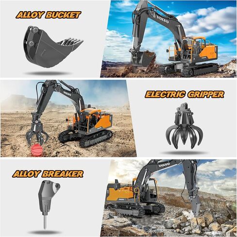 DOUBLE E Volvo 1:16 Scale RC Excavator 3-in-1 Construction Toys with 360° Rotation, Metal Shovel, Drill & Grabber – Professional Grade Remote Control Engineering Vehicle in Saudi Arabia