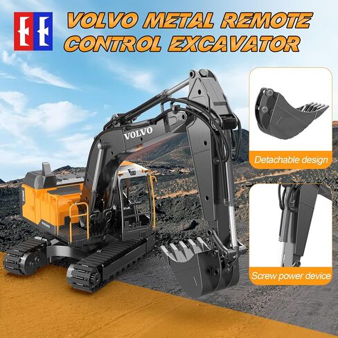 DOUBLE E Volvo 1:16 Scale RC Excavator 3-in-1 Construction Toys with 360° Rotation, Metal Shovel, Drill & Grabber – Professional Grade Remote Control Engineering Vehicle in Saudi Arabia