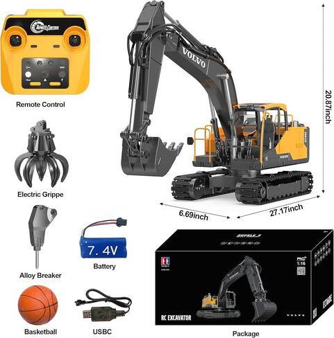 DOUBLE E Volvo 1:16 Scale RC Excavator 3-in-1 Construction Toys with 360° Rotation, Metal Shovel, Drill & Grabber – Professional Grade Remote Control Engineering Vehicle in Saudi Arabia