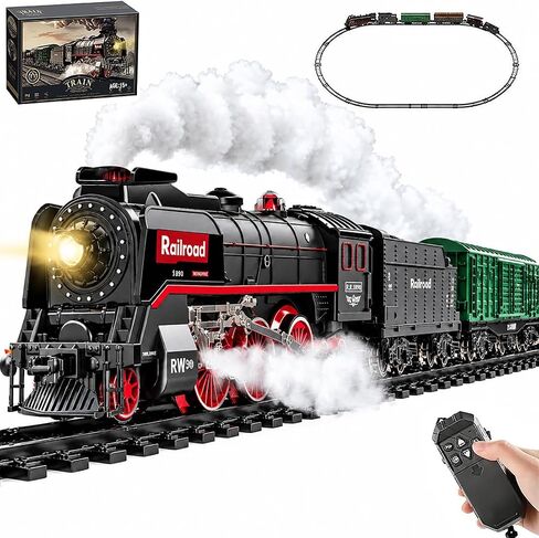 Christmas Electric Remote Control Train Set with Smoke, Lights, Sound, Locomotive Train Model with Track, Remote Carriage, USB Rechargeable, Gifts for Train Lovers in Kuwait