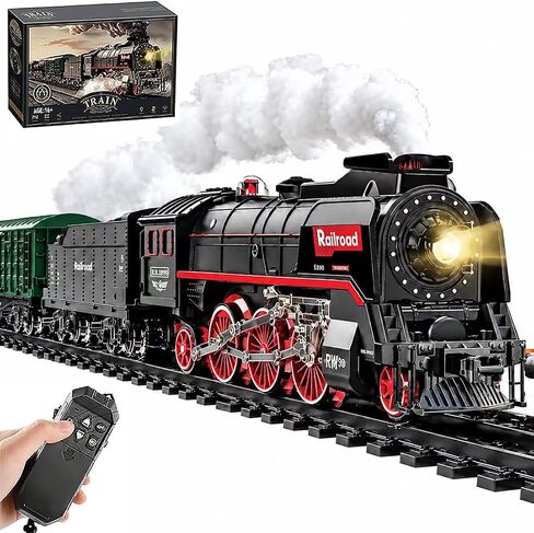 Christmas Electric Remote Control Train Set with Smoke, Lights, Sound, Locomotive Train Model with Track, Remote Carriage, USB Rechargeable, Gifts for Train Lovers in Kuwait