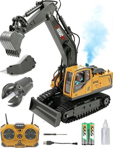 3-in-1 RC Excavator Toy 120Min, 15 Channel Spray Remote Control Excavator with Metal Shovel, Grab Claw, Drill Bit 2×1200mAh Batteries, STEM Construction Vehicles with Lights Sounds Toy for Boys 4-12 in Kuwait