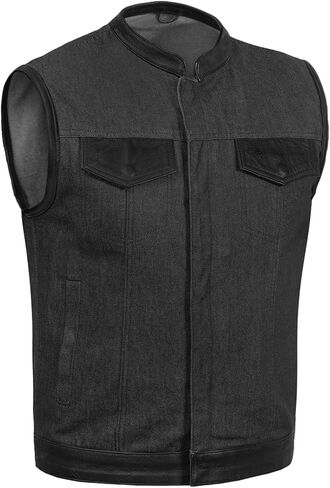 Daniel Smart Men’s Vest - Black Denim with Leather Detailing Design Motorcycle Vest for Men with Concealment Armory Pocket in Kuwait