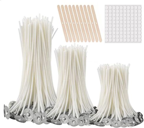 buluker 300Pcs Functional Smokeless Candle Wicks - Pre Waxed Cotton Wick with Metal Sustainer Tabs for Pillar Candle Making and DIY(2mm/3.5"+6"+8") in Kuwait