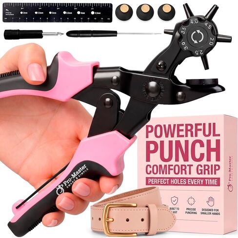 Pro-Master Belt Hole Puncher for Leather - Heavy Duty Rotary Leather Punch Tool for Belts, Watch Bands & Bags - Double Lever Action, Ergonomic Cushioned Non-Slip Handles - 2mm to 4.5mm Punching Kit in Kuwait