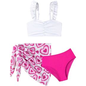 SweatyRocks Girl's 3 Piece Swimsuit Ruffle Trim Solid Bikini Set with Wrap Skirt Bathing Suit