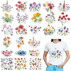 Kisston 24 Pcs Wild Flower Iron on Patches for Clothing Colorful Spring Summer Flowers Heat Transfer Stickers Decals Washable Iron on Transfers for T Shirts Appliques for Clothes DIY Pillows