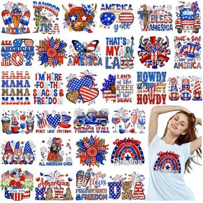Estune 30 Pcs Patriotic Iron on Transfers 4th of July Iron on Decals Patches Appliques Heat Transfers Vinyl Cute Memorial Day Decals for Clothes Bag Pillow Covers DIY