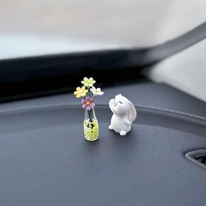 Set of 2 Cute Mini Bunny and Daisy Flower Vase Car Rearview Mirror Ornaments Funny Dashboard Decorations Kawaii Car Interior Accessories for Women Gifts