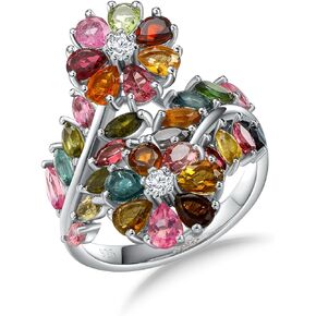 Statement Flower Ring, Cocktail Leaf Ring Natural Opal/Sapphire/Ruby/Emerald Gemstone Signet Ring 14K Gold Plated Sterling Silver Sparkling Engagement Promise Party Ring for Women, Size 6 to 10