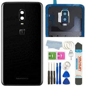 Battery Back Cover Rear Panel Glass with Camera Glass Lens/Flash Replacement for OnePlus 6T A6010 A6013 LTE 6.41"(Mirror Black)