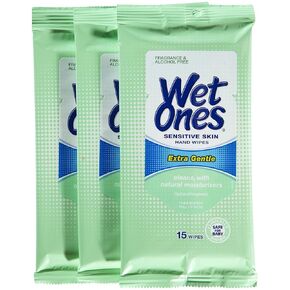 Wet Ones Sensitive Skin Hand and Face Moist Wipes, Travel - 15 ct - 3 pk