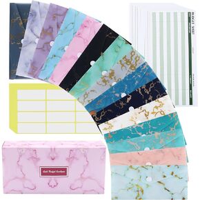 Lpraer 15 Pack Cash Envelope for Budgeting, Budget Envelope for Cash System, Money Envelope With Budget Sheet Sticker Box for Saving (Marble)