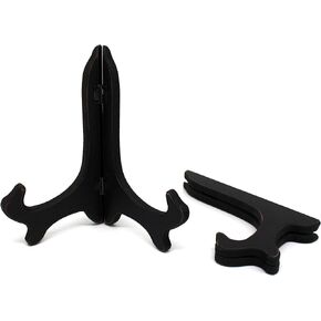CVHOMEDECO. Vintage Distressed Black Decorative Wooden Plates Rack Wood Easels Holder Folding Display Stand Home Décor Art, 7 Inch, Set of 2.