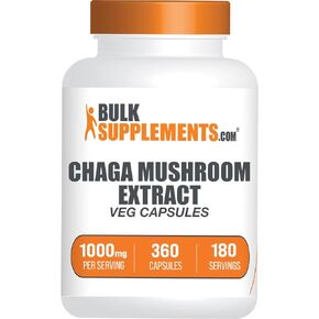 BulkSupplements.com Chaga Mushroom Extract Capsules - Chaga Extract, Chaga Mushrooms Capsules - Vegan & Gluten Free, 2 Capsules (1000mg) per Serving, 360 Veg Capsules (Pack of 1)