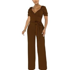 PaladMom Womens Elegant Plus Size Jumpsuits Sexy Back zipper Short Sleeve Mid Waist Wide Leg Straight Rompers