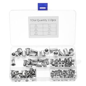 MECCANIXITY 165pcs Rivet Nuts Assortment Kit, 304 Stainless Steel Flat Head Threaded Insert Nut Set (M3/M4/M5/M6/M8/M10) for Automotive, Silver