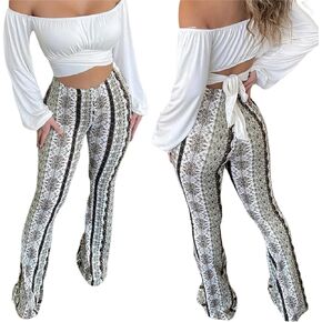 Women's Print Stretch Bell Bottom Boho Yoga Pants Vintage Girls' Flora Flare Pants Flower & Color Stripe Pattern