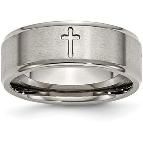 Solid Titanium Ridged Edge Cross 8mm Men's Matte Brushed Finish and Wedding Band Ring Comfort-Fit