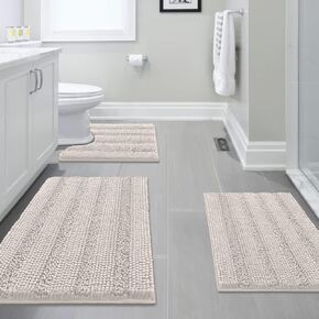 H.VERSAILTEX 3 Piece Thick Striped Bath Rugs Set for Bathroom Non Slip Soft Absorbent Bath Mat for Tub, Shower and Toilet(17''x24''+20''x32''+20''x24'' U-Shaped, Ivory)