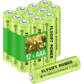 FlyGift Rechargeable AAA Batteries 500mAh, 1.2V Ni-MH Triple A High Capacity Precharged Solar Batteries for Garden Lights, Pathway Lights, Landscape Outdoor Solar Lights, Pack of 12