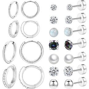 Surgical Steel Flat Back Earrings Set for Multiple Piercing Sensitive Ears,Sterling Silver Hypoallergenic Small Cartilage Huggie Hoop Earrings Titanium Tiny CZ Pearl Opal Stud Earrings for Women Girls