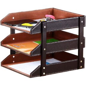 Letter Trays Leather Desk File Organizer, 3-Tier Shelves Document Paper Holder Tray, Office Desktop Accessories Storage Sorter for Folders/Stationery/Bills/Magazine/Newspaper (Black)