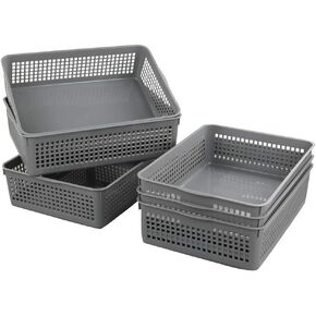 A4 Size Plastic Basket, Desktop File Storage Organization Tray, Set of 6 (Grey)