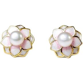Luxury Flower Pearl Stud Earrings for Women Girls Sterling Silver Handpicked White Freshwater Cultured Pearl Earrings Studs Camellia Earrings 14K Gold Plated