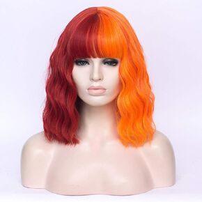14" Short Bob Wavy Curly Bangs Wig Dark Blue Ombre Air Bangs Shoulder Length Women's Charming Synthetic Wig for Cosplay Party Anime Costume+Wig Cap (Dark Blue Ombre)