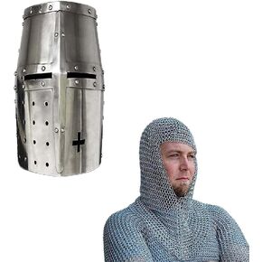 AnNafi® Medieval Templar Crusader Knight Armor Helmet & Chainmail Coif Aluminum V-Neck
