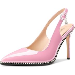 NobleOnly Slingback Beaded Pumps for Women High Stiletto Heel Pointed Toe Slip-on Dress Sandals Adjustable Buckle Rhinestone Patent Leather 3.9 Inches Heels