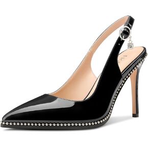 حذاء NobleOnly Slingback مطرز للنساء بكعب عالٍ مدبب ومقدمة مدببة سهل الارتداء، صندل قابل للتعديل بإبزيم من حجر الراين مصنوع من الجلد اللامع بكعب 3.9 سم