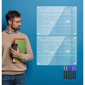 2 Pack Acrylic Magnetic Dry Erase Calendar for Fridge 16"x12"Inches, Clear Fridge Calendar 2023 with 8 Colored Markers 1 Eraser, Refrigerator Reusable Planner Board for Weekly Monthly Schedule in Kuwait