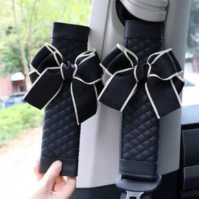 Cute Bow Leather Car Seat Belt Cover Pads,2 Pcs & 4 Pcs Pink Seat Belt Cover for Shoulder, Seatbelt Cushion Neck Cushion Protector, Seatbelt Covers for Women (Black,2)