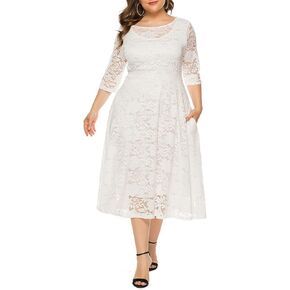 Women's Plus Size Vintage Lace Party Cocktail Wedding Swing Midi Dress with Pocket