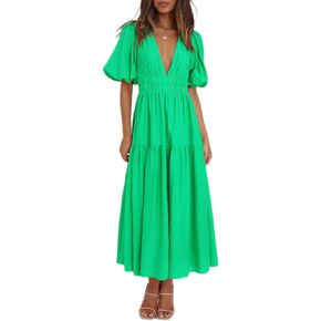 Women’s 2024 Summer Causal Dress Puff Sleeve V Neck A-line Solid Flowy Tiered Midi Dresses