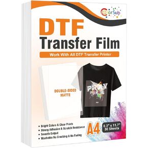 ColorSub DTF Transfer Film 30 Sheets A4 (8.3"x11.7") DTF Paper for Inkjet Printers, Double-Sided Matte Finish PET Transfer Paper Direct to T-Shirt