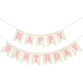 Burlap Happy Birthday Banner, Assembled Reusable Pink Happy Birthday Sign for Rustic Birthday Party Decorations