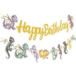 Dragon Birthday Party Banners 2Pcs Dragon Cutout Banners Fantasy Dragon Party Hanging Decorations Gold Dragon Party Banner for Dragon Knight Baby Shower Supplies