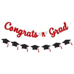 Glitter Red Congrats Grad Decorations Banner Graduation Decorations Class of 2024 banner Red and Black Glitter Congrats Grad Graduation with Tassel Party Decor College High School Graduation Party Favors